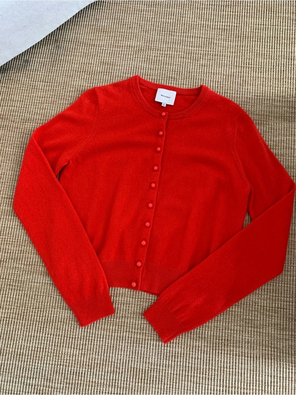 Reformation Caspia Cashmere Wool Button Cropped Cardigan Sweater Top Paprika Red